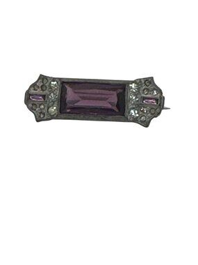 Vintage Amethyst Glass Bar Pin Brooch Purple Rhinestones Art Deco Victorian